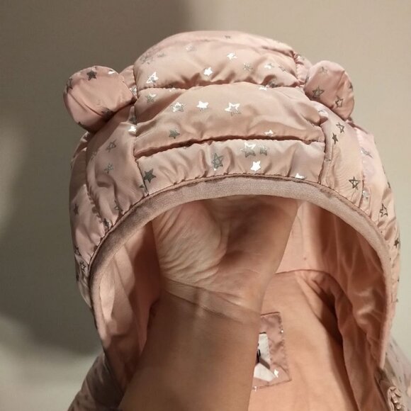 🍒2/50🍒NWOT Baby Gap Puffer Jacket 0-6 Months Salmon Pink Metallic Silver Stars - Picture 4 of 16